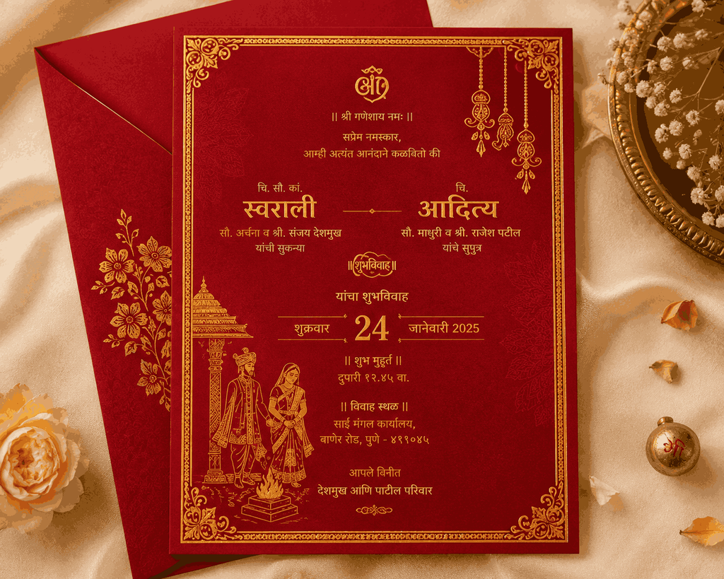 Classic Red and Gold Marathi Wedding Card